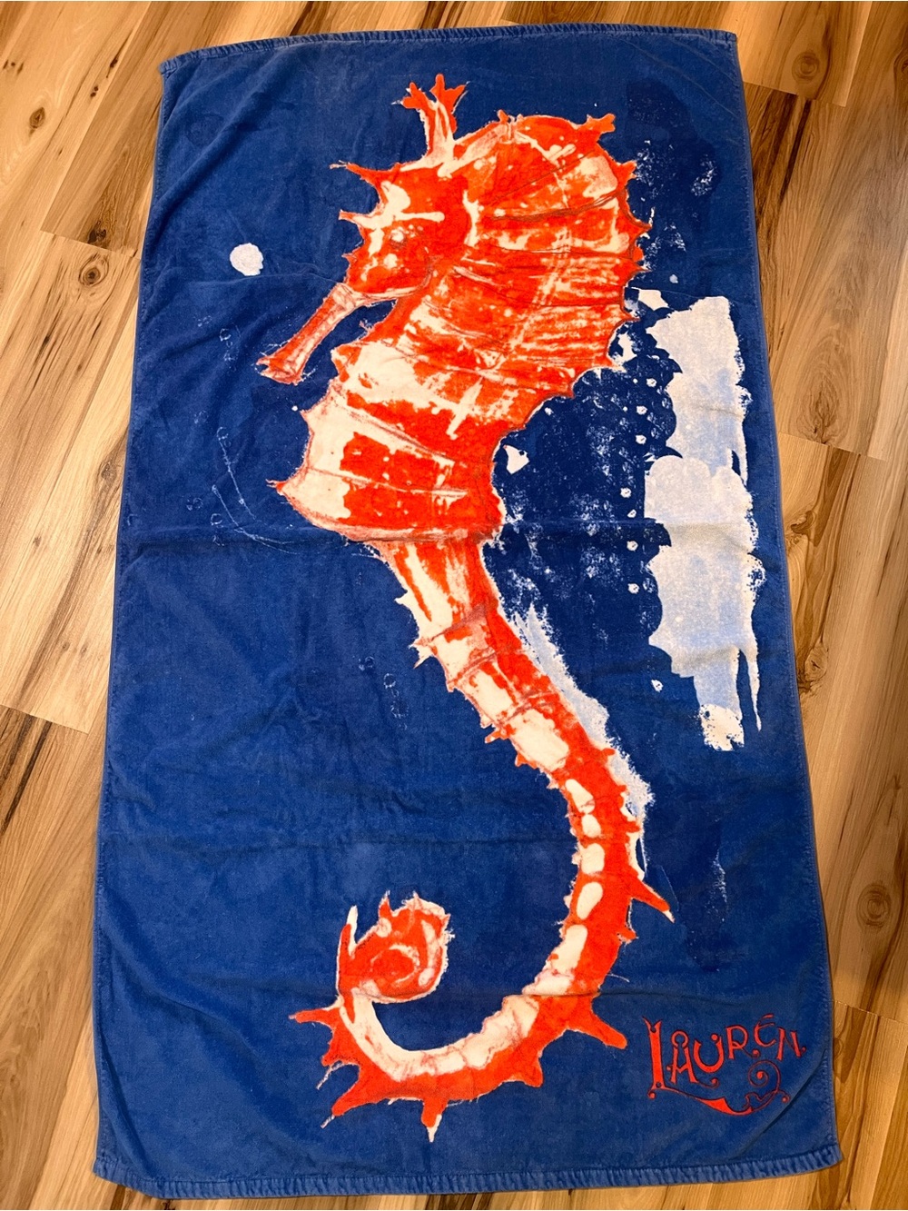 Ralph Lauren LRL Beach Pool Towel SeaHorse 100% Cotton Salmon/Blue 35” x64" HTF